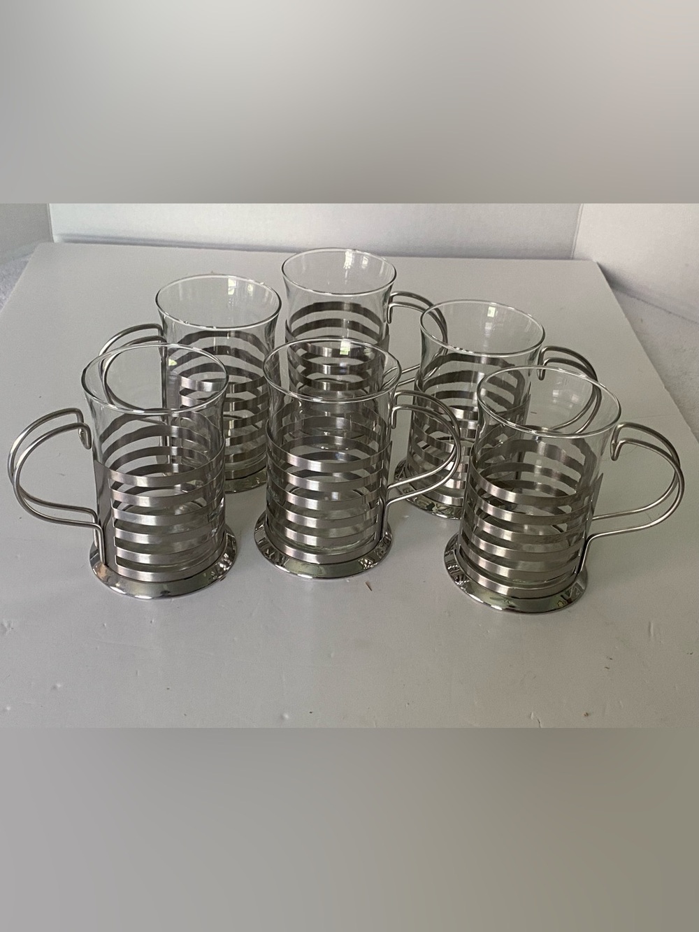 6 Glass Inserts With Decorative Silver Metal Handles